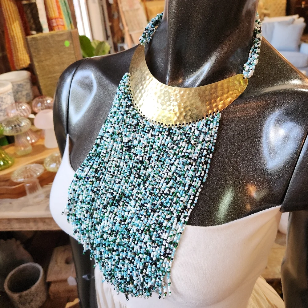 Hand Hammered Brass, Green, Gold, White and Blue Beaded Statement Necklace - Picture 9 of 16
